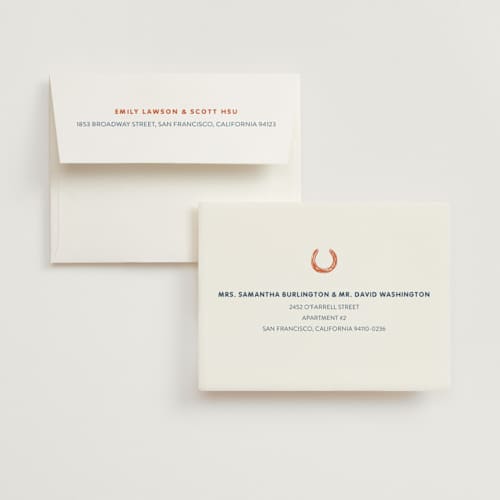 This is a cobalt bridal shower thank you cards with standard by Erin Hodges called giddy up printing on strathmore in standard