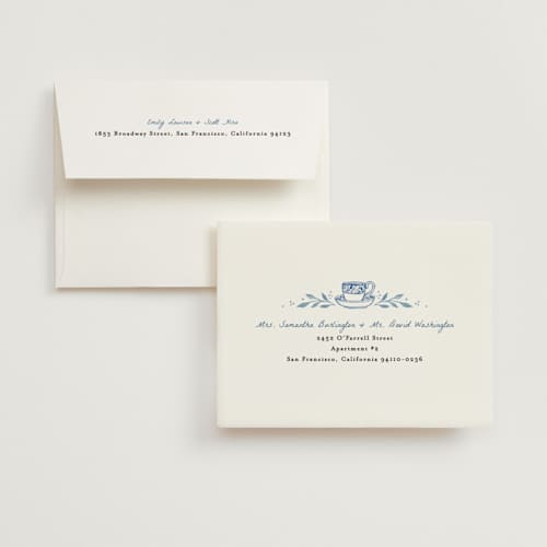 This is a periwinkle bridal shower thank you cards with standard by Alethea and Ruth called tea cup party printing on strathmore in standard