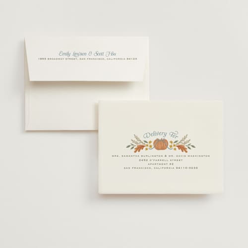 This is a cornflower bridal shower thank you cards with standard by Laura Hankins called pumpkins + bows printing on strathmore in standard