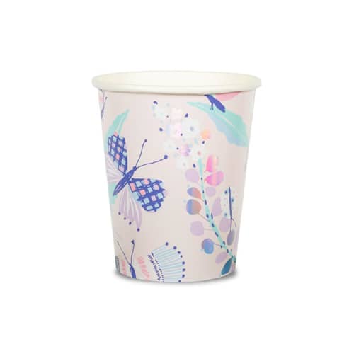 This is a multicolor party decorations by Jollity and Co called flutter 9 oz cups - pack of 8 in standard