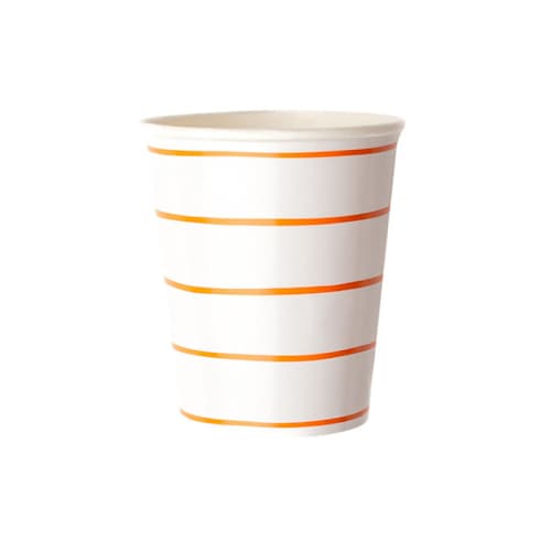 This is a orange party decorations by Jollity and Co called clementine frenchie striped 9 oz cups in standard