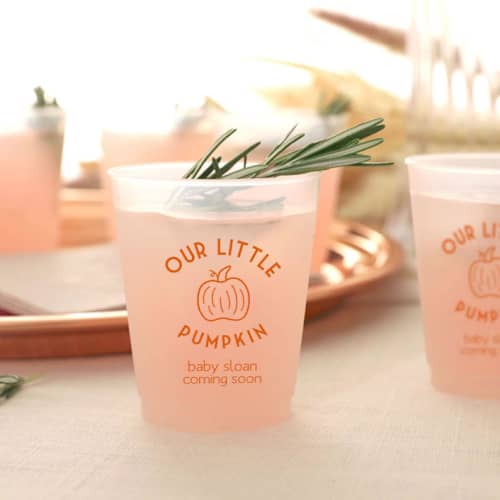 This is a clear party decorations by ForYourParty called personalized our little pumpkin frosted plastic cup, set of 50 in standard