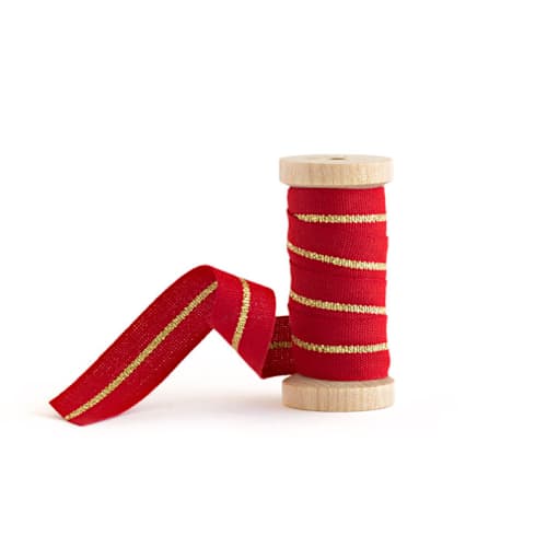 This is a red + gold wedding ribbon by Minted called red & gold metallic stripe in standard
