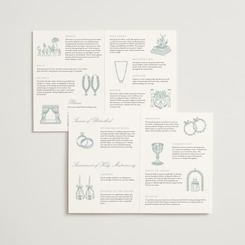 This is a dusty blue unique wedding programs with standard by Jennifer Postorino called empire printing on signature in folded