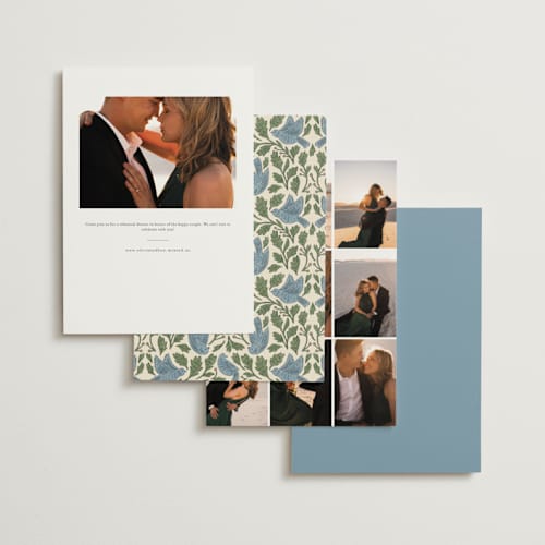 This is a bluebird rehearsal dinner invitations with standard by Jen Owens called birdies printing on signature in standard