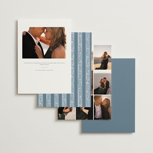 This is a dusty blue rehearsal dinner invitations with standard by Jackie Crawford called whimsical frame printing on signature in standard