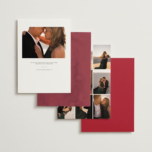 This is a maroon rehearsal dinner invitations with foil pressed by Lori Wemple called floral printing on signature in standard