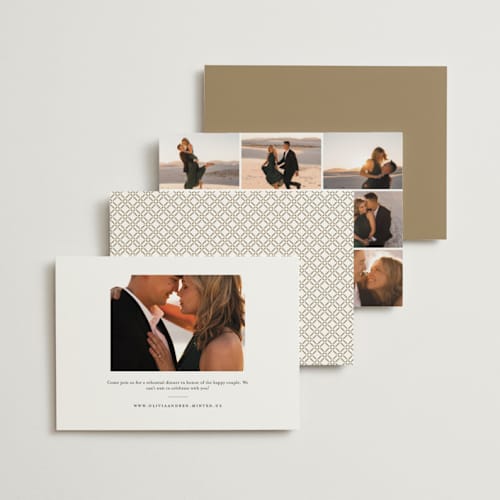 This is a almond rehearsal dinner invitations with foil pressed by Yaling Hou Suzuki called rattan printing on signature in standard