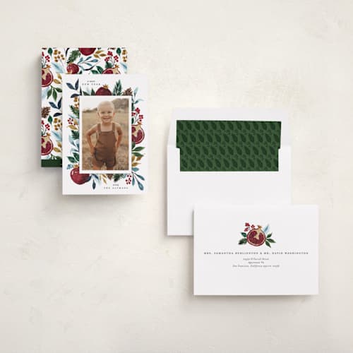 This is a evergreen rosh hashanah cards with standard by Beth Schneider called pomegranate printing on recycled smooth signature in standard