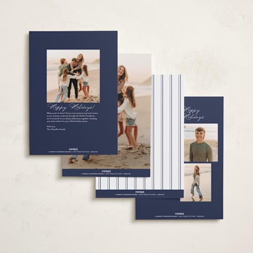 This is a navy rosh hashanah cards with standard by Annie Shapiro called lake printing on recycled smooth signature in standard