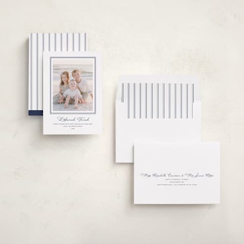 This is a navy rosh hashanah cards with standard by Annie Shapiro called lake printing on recycled smooth signature in standard