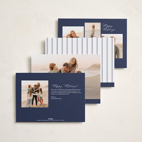 This is a navy rosh hashanah cards with standard by Annie Shapiro called lake printing on recycled smooth signature in standard