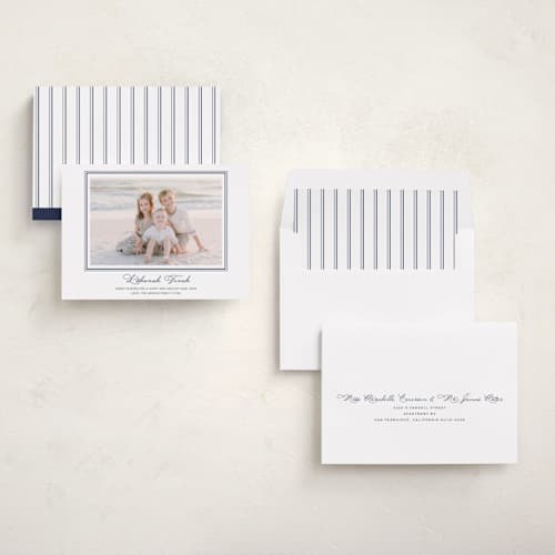 This is a navy rosh hashanah cards with standard by Annie Shapiro called lake printing on recycled smooth signature in standard