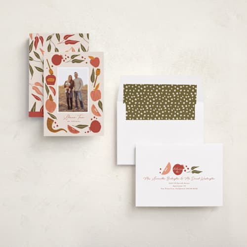 This is a pomegranate rosh hashanah cards with standard by Corinne Malesic called plentiful border printing on recycled smooth signature in standard