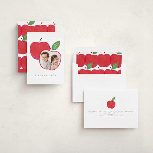 This is a honeycrisp rosh hashanah cards with standard by Jackie Crawford called shana tova apple printing on recycled smooth signature in standard