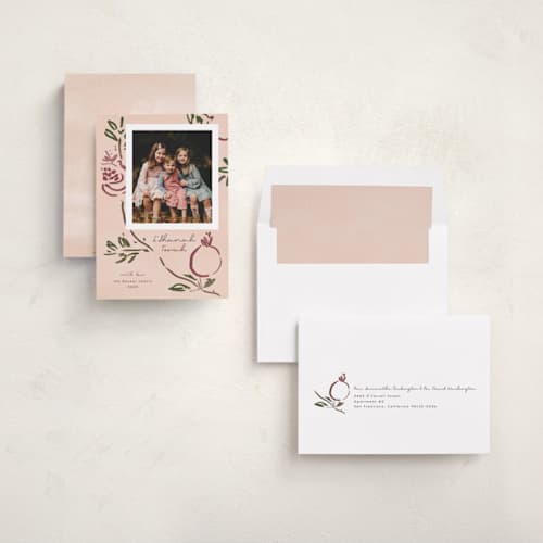 This is a petal rosh hashanah cards with standard by Emily Sabol Goss called painted pomegranate printing on recycled smooth signature in standard