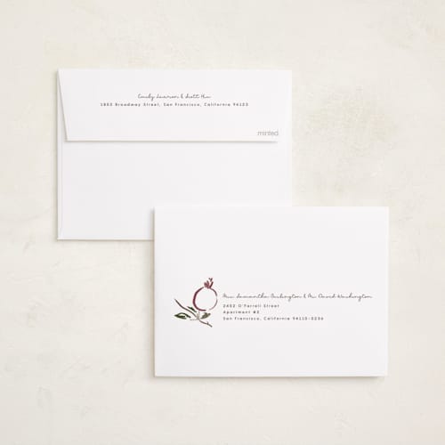 This is a petal rosh hashanah cards with standard by Emily Sabol Goss called painted pomegranate printing on recycled smooth signature in standard