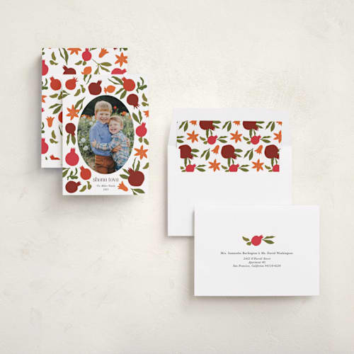This is a pomegranate rosh hashanah cards with standard by Becky Nimoy called new year pomegranates printing on recycled smooth signature in standard