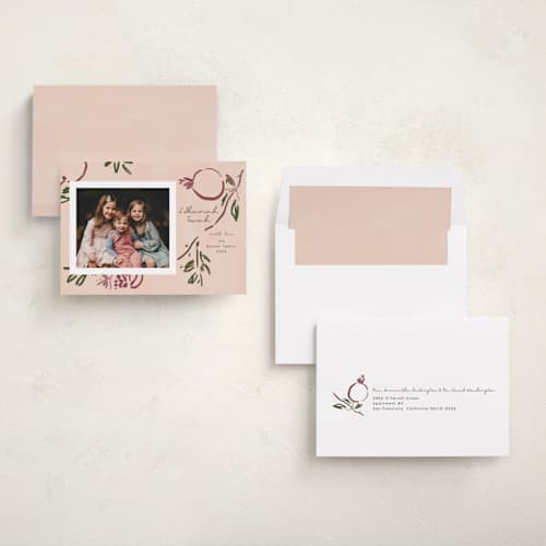 This is a petal rosh hashanah cards with standard by Emily Sabol Goss called painted pomegranate printing on recycled smooth signature in standard