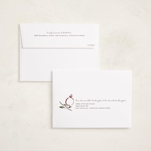 This is a petal rosh hashanah cards with standard by Emily Sabol Goss called painted pomegranate printing on recycled smooth signature in standard