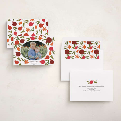 This is a pomegranate rosh hashanah cards with standard by Becky Nimoy called new year pomegranates printing on recycled smooth signature in standard