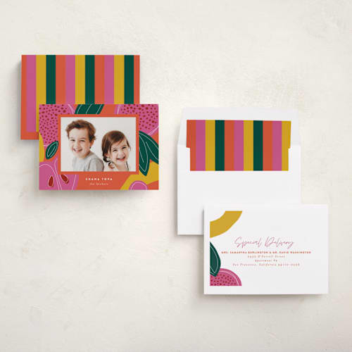 This is a apricot rosh hashanah cards with standard by Jessica Corliss called fruitful celebration printing on recycled smooth signature in standard