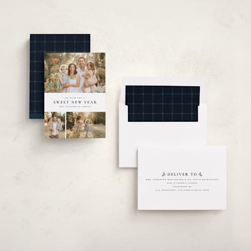 This is a navy rosh hashanah cards with standard by Wildfield Paper Co called quartzite printing on recycled smooth signature in standard