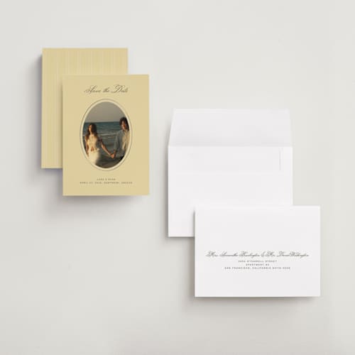 This is a butter foil stamped save the date cards with foil pressed by Ani Somi called finer things printing on recycled smooth signature in grand