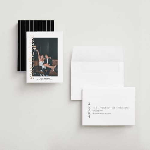 This is a pearl foil stamped save the date cards with foil pressed by Roxy Cervantes called cover page printing on recycled smooth signature in grand