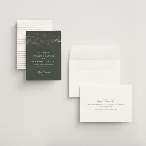 This is a hunter foil stamped save the date cards with foil pressed by Sarah Brown called peaks printing on signature in grand