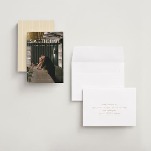 This is a cloud foil stamped save the date cards with foil pressed by Paula Pecevich called cover editorial printing on recycled smooth signature in grand