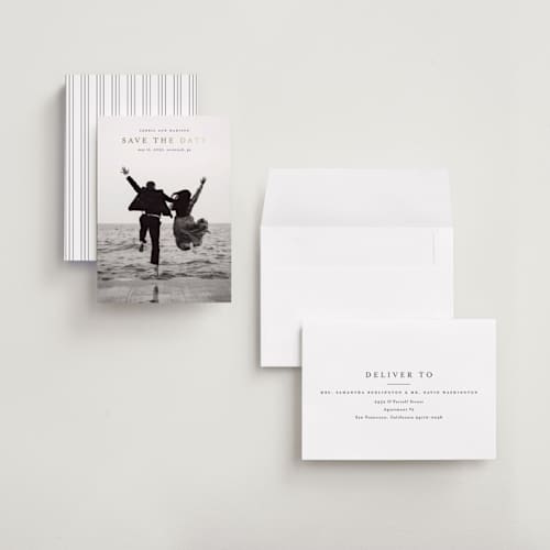 This is a ink foil stamped save the date cards with foil pressed by Stacey Meacham called uncomplicated printing on recycled smooth signature in grand