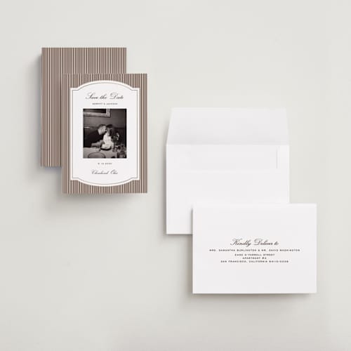 This is a mahogany foil stamped save the date cards with foil pressed by Emily Betts called lines frame printing on recycled smooth signature in grand
