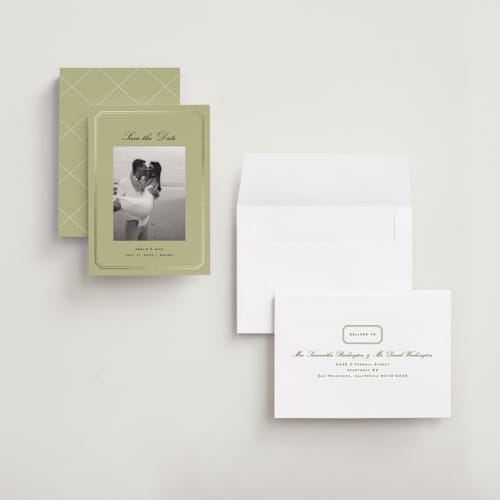 This is a chartreuse foil stamped save the date cards with foil pressed by chocomocacino called munkki printing on recycled smooth signature in grand