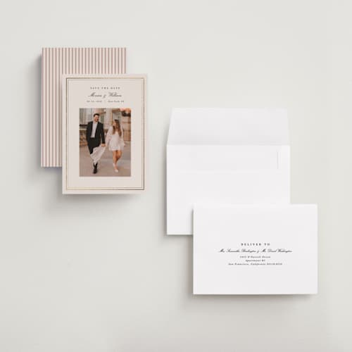 This is a ivory foil stamped save the date cards with foil pressed by Christy Hy Lee called refine frame printing on recycled smooth signature in grand