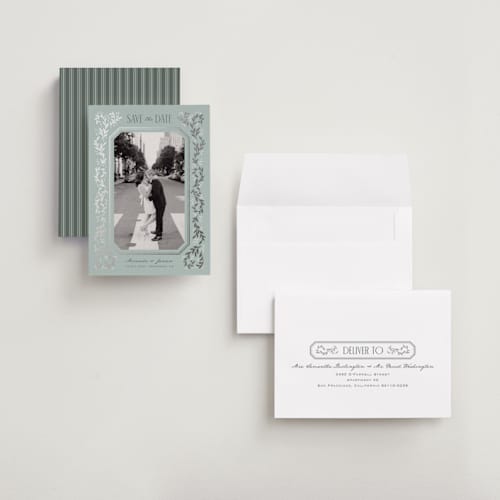 This is a seafoam petite save the dates with foil pressed by Laura Hankins called ornate vines printing on recycled smooth signature in petite