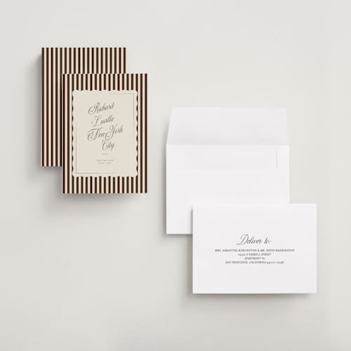 This is a chocolate petite save the dates with foil pressed by Baumbirdy called stripe frame printing on signature in petite