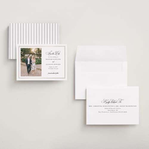 This is a snow petite save the dates with foil pressed by Sarah Brown called traditionally printing on recycled smooth signature in petite