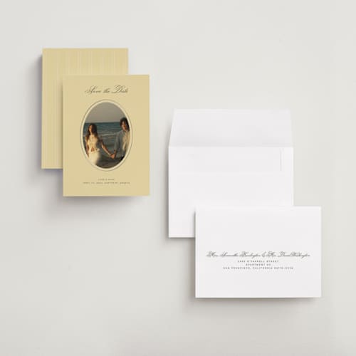 This is a butter petite save the dates with foil pressed by Ani Somi called finer things printing on recycled smooth signature in petite