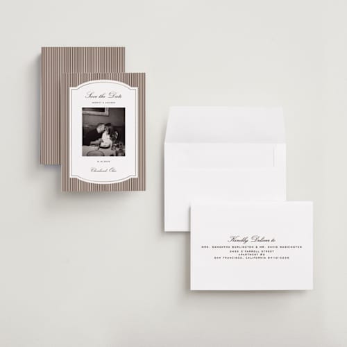 This is a mahogany petite save the dates with foil pressed by Emily Betts called lines frame printing on recycled smooth signature in petite