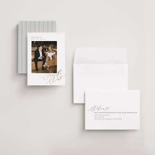 This is a pearl petite save the dates with foil pressed by Melanie Kosuge called side swept printing on recycled smooth signature in petite