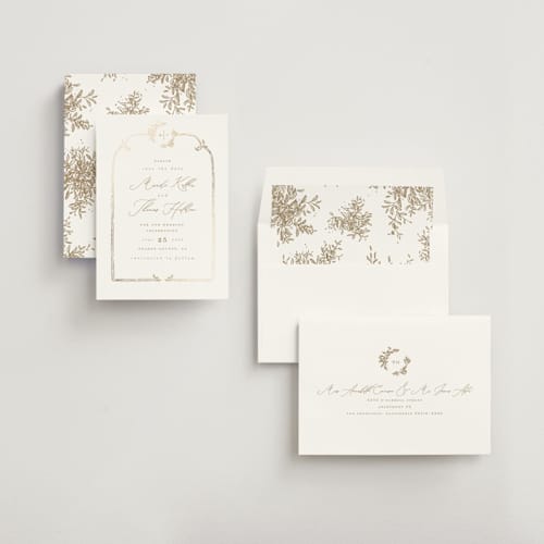 This is a porcelain foil stamped save the date cards with foil pressed by Leah Bisch called reflection printing on signature in standard