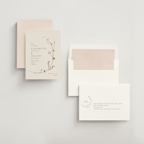 This is a cotton foil stamped save the date cards with foil pressed by Amy Kross called vine wrap printing on signature in standard