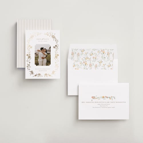 This is a gold summer foil stamped save the date cards with foil pressed by Erin L. Wilson called victorian trellis printing on recycled smooth signature in standard
