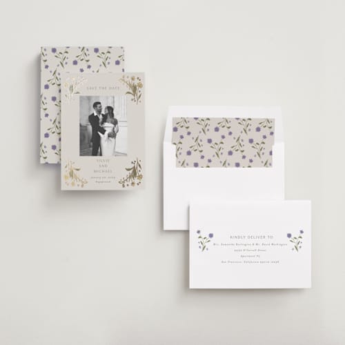 This is a petal foil stamped save the date cards with foil pressed by Nicoletta Savod called parisian garden printing on recycled smooth signature in standard