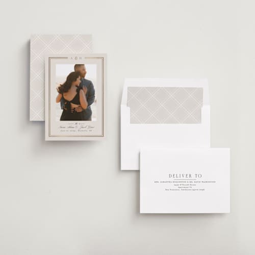 This is a champagne foil stamped save the date cards with foil pressed by Nicole Walsh called grace printing on recycled smooth signature in standard