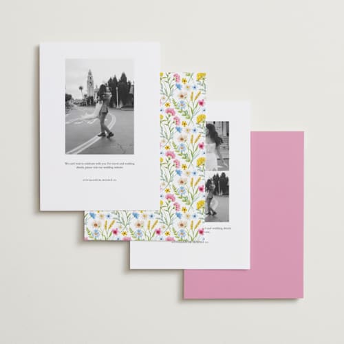 This is a garden foil stamped save the date cards with foil pressed by Yaling Hou Suzuki called bright garden printing on recycled smooth signature in standard