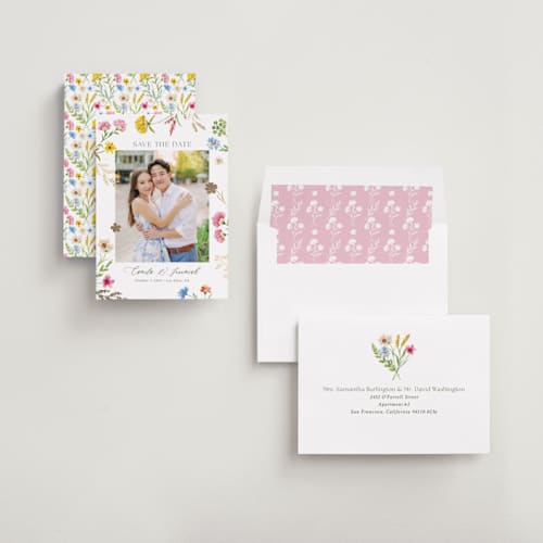 This is a garden foil stamped save the date cards with foil pressed by Yaling Hou Suzuki called bright garden printing on recycled smooth signature in standard