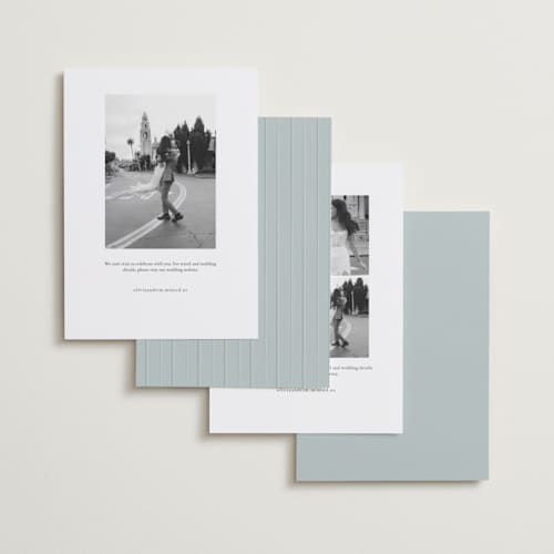 This is a spearmint foil stamped save the date cards with foil pressed by Ana de Sousa called romantic elegance printing on recycled smooth signature in standard