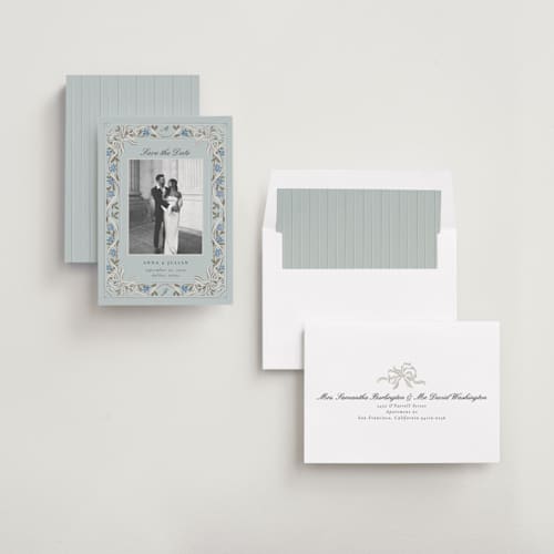 This is a spearmint foil stamped save the date cards with foil pressed by Ana de Sousa called romantic elegance printing on recycled smooth signature in standard